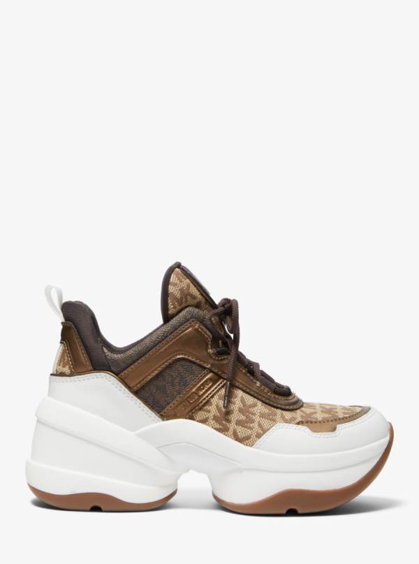 Damske Tenisky Michael Kors Olympia Logo Jacquard and Metallic Leather Hnede Béžové - Topanky Michael Kors Obchod | BWGRH-6935